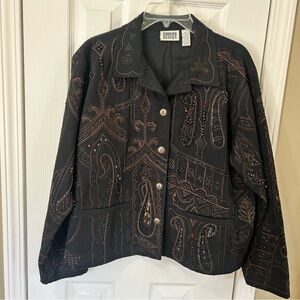 VTG Chico Designs Black Denim Embelllished Women's Size 2 Trucker Jacket